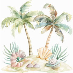 Obraz premium Tropical Paradise with Palm Trees and Seashells in Watercolor Art