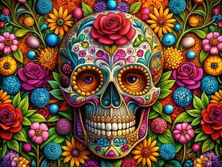 Fototapeta premium Sugar Skull Flowers: Day of the Dead Calavera Art, Floral Skull Drawing, Colorful Skull Illustration