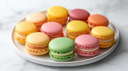 Fototapeta premium Vibrant Colorful Macarons on a White Plate with Marble Background