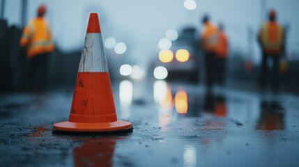 Close-up of a construction cone on a wet road, with blurred workers in the background, showcasing a construction site ambiance. with copy space