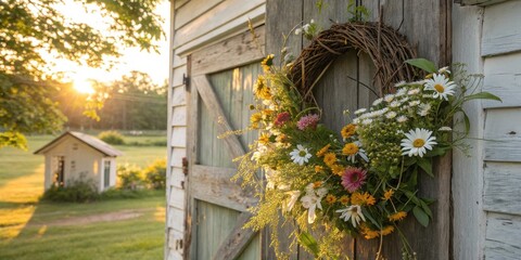 A Rustic Floral Wreath Adorns a Weathered Barn Door in the Warm Glow of a Setting Sun