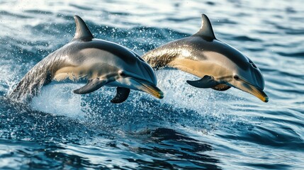 Fototapeta premium Two Dolphins Jumping Playfully Above Ocean Waves in Sunshine
