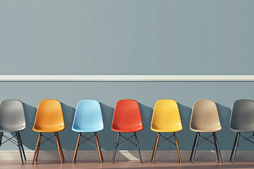 Modern colorful chairs lined up, minimalist interior furniture design