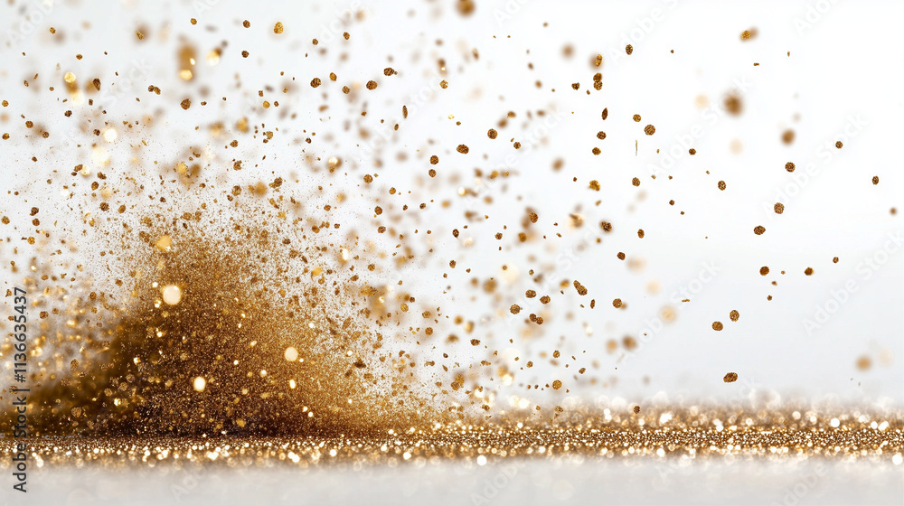 Poster glitter explosion with gold sparkling dust creating dynamic shapes and textures
