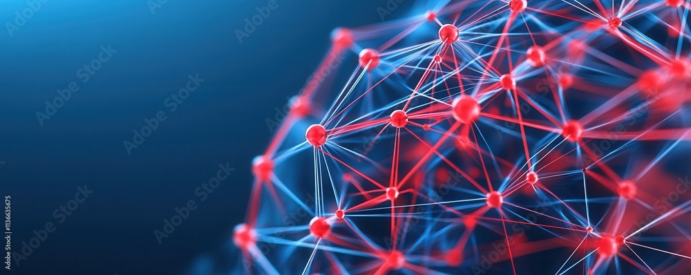 Poster a vibrant digital network illustration showcasing interconnected nodes in blue and red, symbolizing 