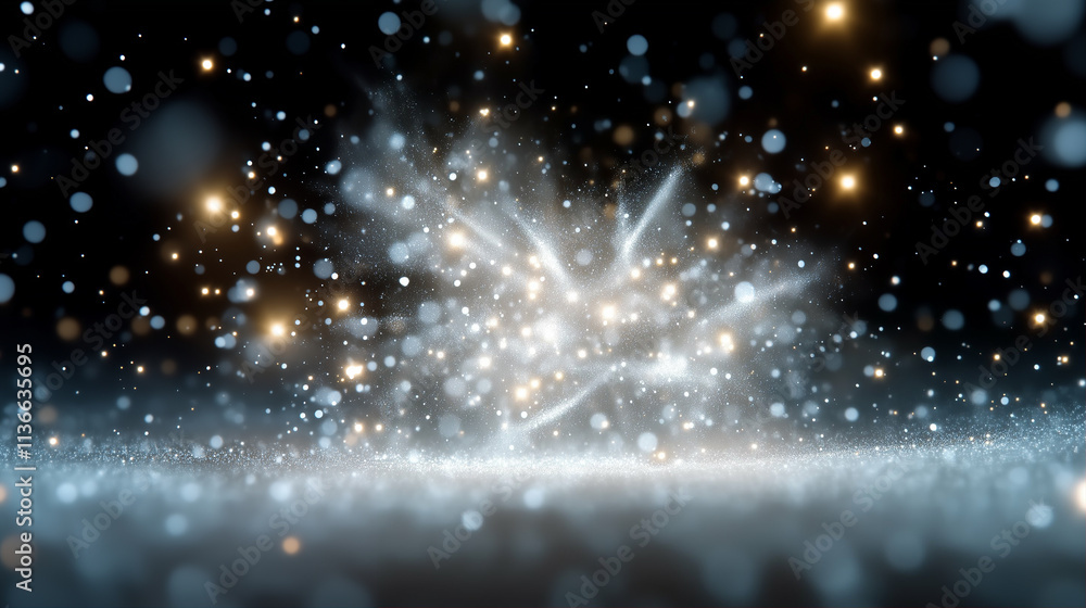 Poster sparkles and light particles create a dazzling sparkling effect in a dreamy dark backdrop