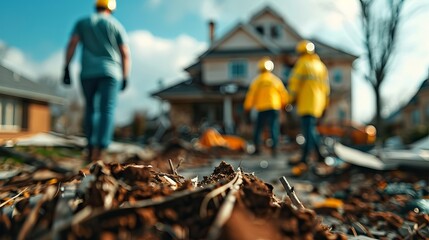 Two workers, one male and one female, wearing yellow helmets and raincoats, walk towards a house amid debris after a storm, showcasing teamwork in recovery. disaster management, emergency response