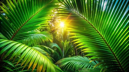Fototapeta premium Sunlight Filtering Through Lush Green Palm Leaves in a Tropical Paradise, Capturing the Serene Beauty of Nature's Light and Shadows in a Tranquil Setting