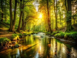 Obraz premium Sunlit Forest Stream: Vintage Photography, Nature, Water, Sunlight, Woodland, Retro, Golden Hour, Forest River, Scenic, Peaceful, Vintage Landscape