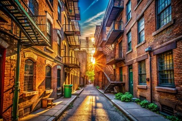 Fototapeta premium Sunlit Urban Alleyway Fire Escape Photography - Gritty Cityscape Images