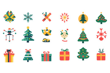 Colorful Christmas Icons Featuring Trees, Gifts, and Decorations