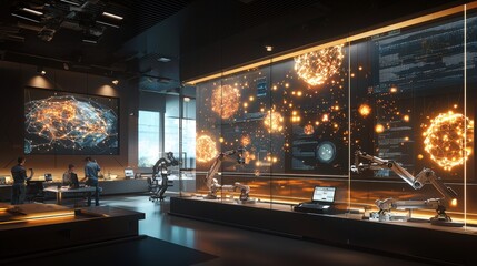 A dynamic AI research laboratory bustling with activity, where engineers monitor glowing neural network simulations on large digital screens. Robotic arms assist with assembling prototypes, 
