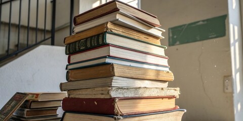 Fototapeta premium A well-worn stack of books with dust particles floating in the sunbeams, capturing the essence of a library's silence and the promise of knowledge within their pages.