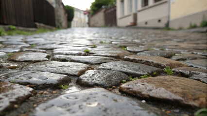 Fototapeta premium A cobblestone street glistening with rain, showcasing the intricate patterns created by the weathered stones and the soft green shoots pushing through the cracks.