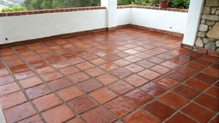 A wet patio with red tile flooring, showcasing a geometric pattern under the clear sky.