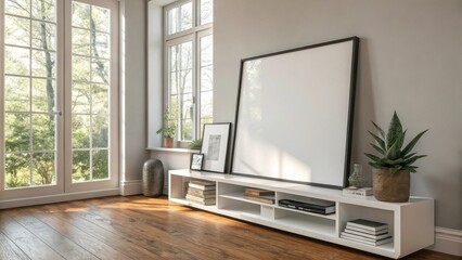 A minimalist living room with large windows and a modern entertainment center featuring a blank canvas, ready for your design inspiration.