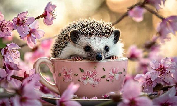 Adorable hedgehog nestled in a pink floral teacup amidst blossoming cherry branches.