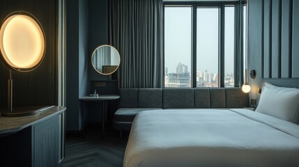 Modern hotel room with city view, large bed, and stylish decor.
