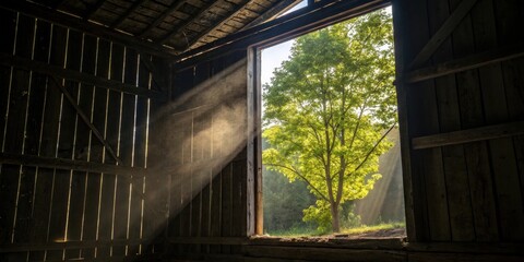A Glimpse of Sunlight Illuminates a Dusty Barn Interior, Revealing a Lush Tree Through an Open Doorway