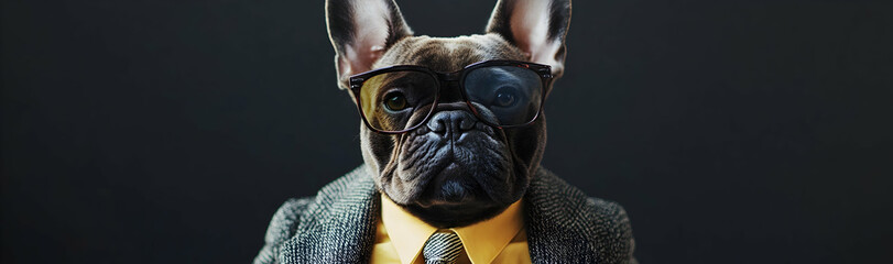 Cool-looking French bulldog wearing a funky jacket, tie, and glasses, posing as a supermodel