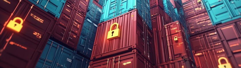 Obraz premium Colorful storage containers stacked together, showcasing modern logistics and security.