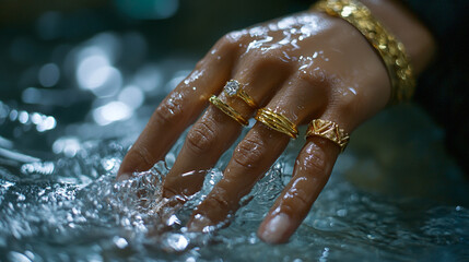 Fototapeta premium Elegant hand adorned with gold rings gently touching water in a serene setting