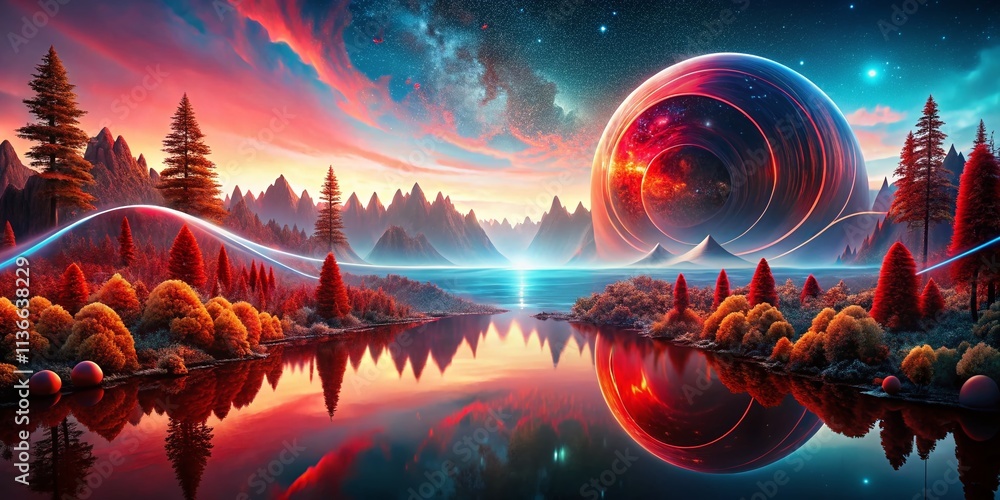 Poster surreal audio banner in red: an abstract exploration of sound waves and visuals blending together to
