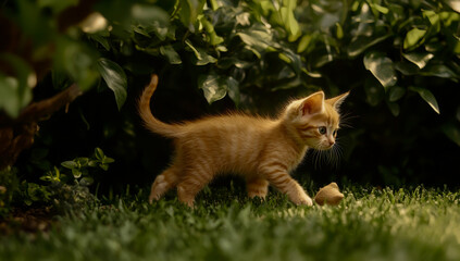 Naklejka premium A small orange kitten trots across the green grass, playfully exploring in front of a row of bushes.