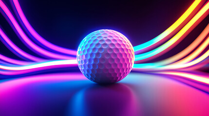 A glowing golf ball surrounded by vibrant neon colors.
