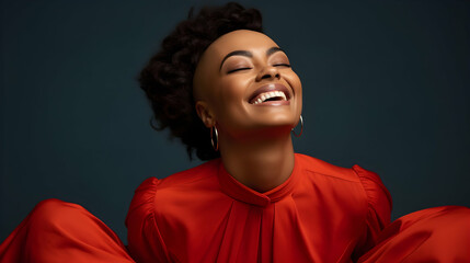 Joyful Black woman in red dress, laughing with eyes closed, against dark background.  Stunning portrait emphasizing happiness and beauty.
