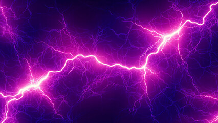 Naklejka premium A dramatic depiction of purple lightning bolts and electric sparks on a dark blue sky. Great for bold, high-energy design projects.