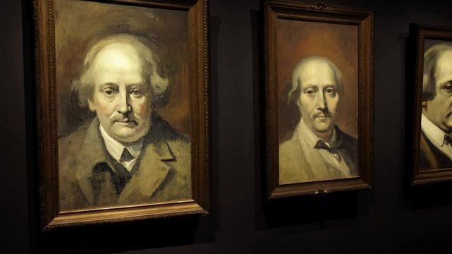 Camera pans right across a series of old oil paintings in a dim gallery, depicting the same eerie figure in different time periods