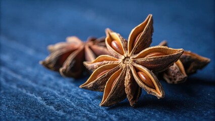 Star anise pods on a dark blue background with natural lighting, showcasing the intricate details of the spice.