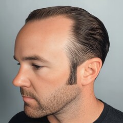 Fototapeta premium Portrait of a man with receding hairline. Concept of baldness, hair loss, hair transplant and hair grafts