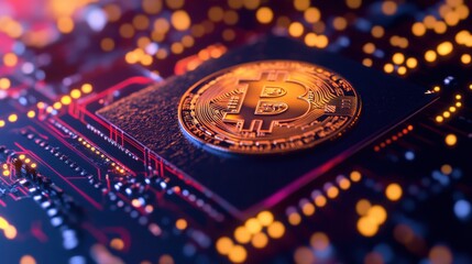 Digital representation of cryptocurrency with a Bitcoin symbol on a circuit board.