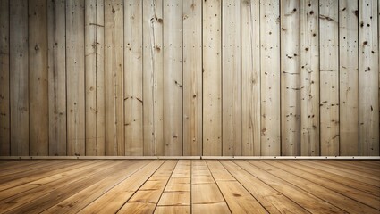 Naklejka premium Rustic wooden interior with light-toned planks and warm tones creating a cozy atmosphere for creative projects or gatherings. Podium for advertising. Product presentation template. AI