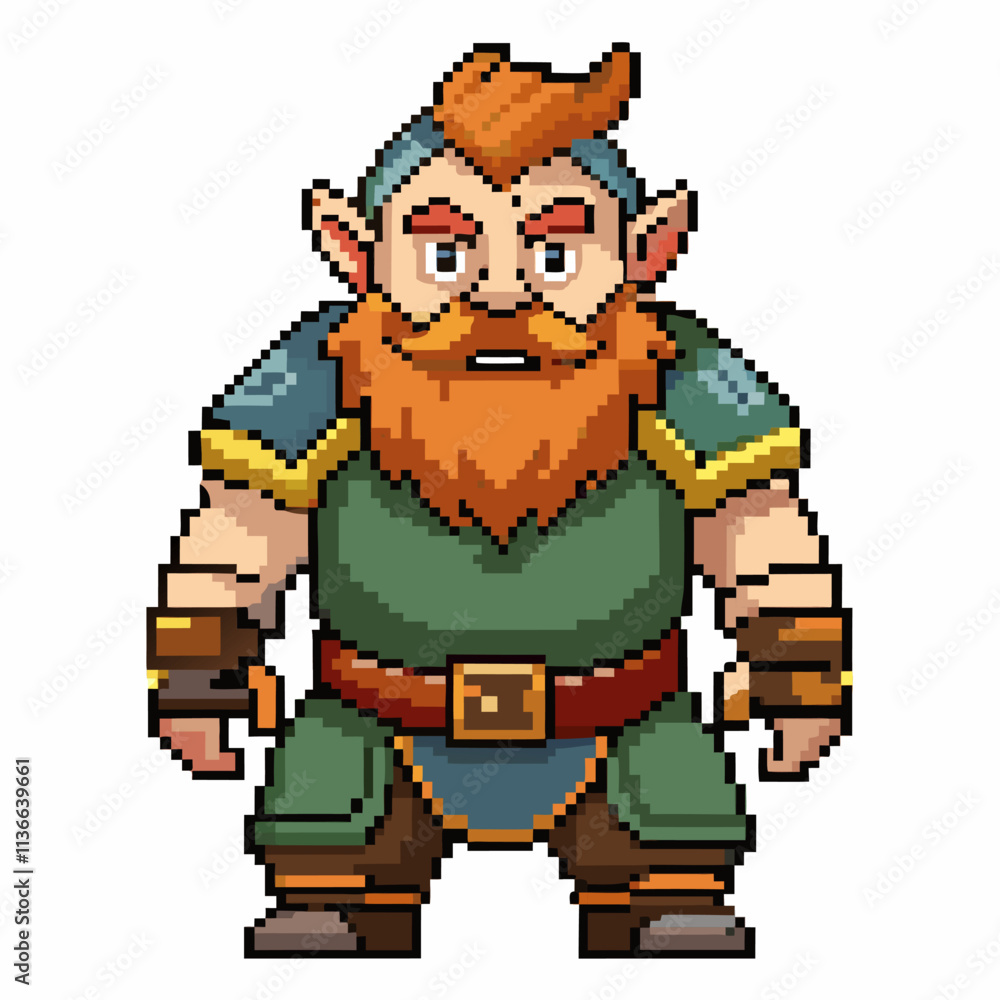 Aufkleber pixel art dwarf character with orange beard and armor in retro video game style