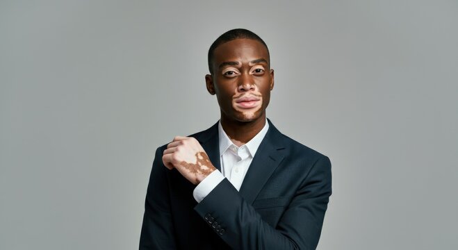 Confident young african male with vitiligo posing in formal suit for awareness campaign