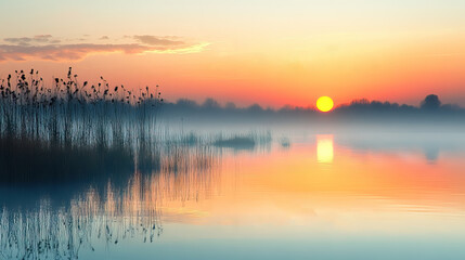 Obraz premium World Wetlands Day banner with breathtaking sunrise over a tranquil marshland, with vibrant orange and blue hues reflecting in the water, capturing the serene beauty of nature.