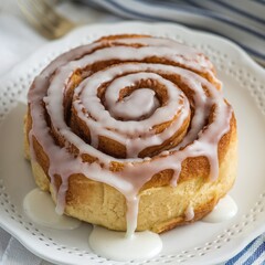 soft golden cinnamon roll with icing on a plate.