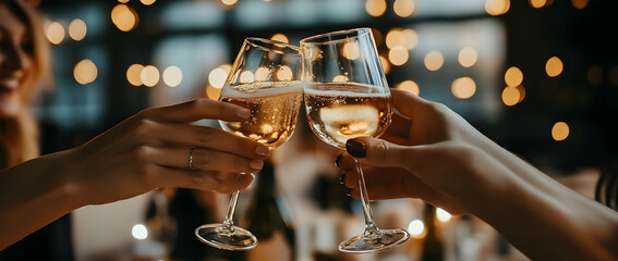 Champagne glasses sparkling in the golden glow of Bengal lights during a celebratory toast