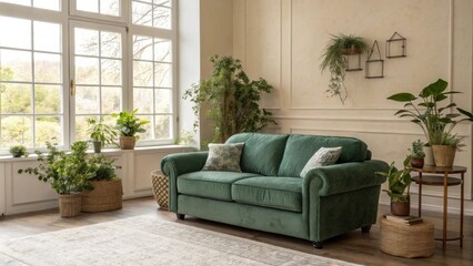 A plush emerald green sofa sits in a sunlit living room, surrounded by lush potted plants and a large window offering a view of a tranquil forest.