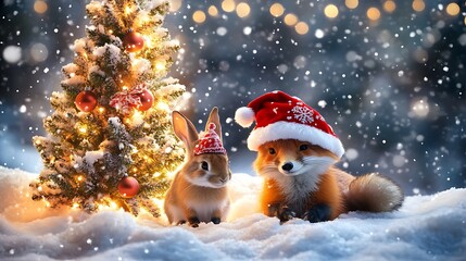 Fototapeta premium Cute fox and rabbit sitting in snow under softly glowing decorated Christmas trees wearing festive hats