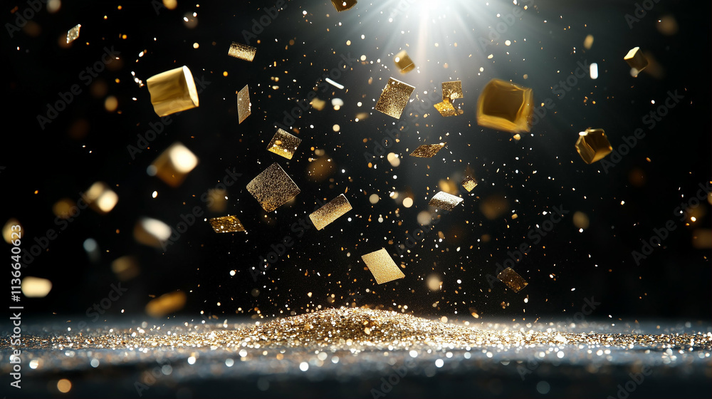 Aufkleber gold dust particles floating in air with sparkling lights in dynamic graphic design