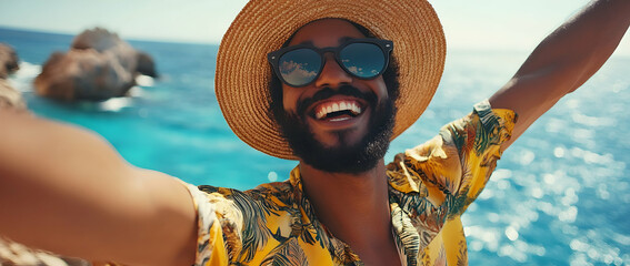 Cheerful vacationer embracing summer vibes