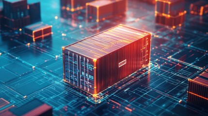 Futuristic cargo container on digital circuit board, representing logistics and AI.