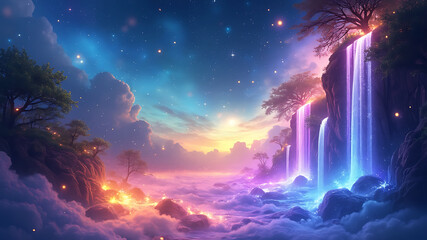 Obraz premium Magical night sky, glittering blue background, colorful bokeh lights