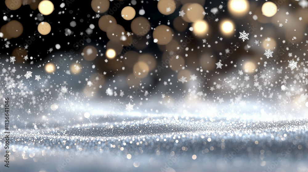 Poster snowflakes falling softly on sparkling snow with bokeh background effects