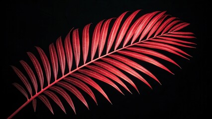 Fototapeta premium A vibrant red palm frond, radiating a fiery hue against a stark black backdrop, capturing the essence of tropical beauty and bold color.