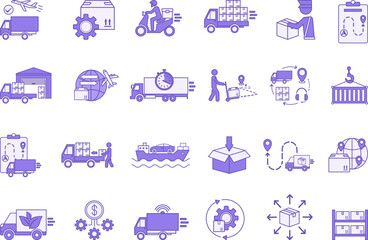 Colored Logistics Icon Set. Vector Icon Delivery, Customs Clearance, Inventory, Loading, Distribution, Packaging, Warehouse, Import, Export, Transportation, Planning, Cargo and Others